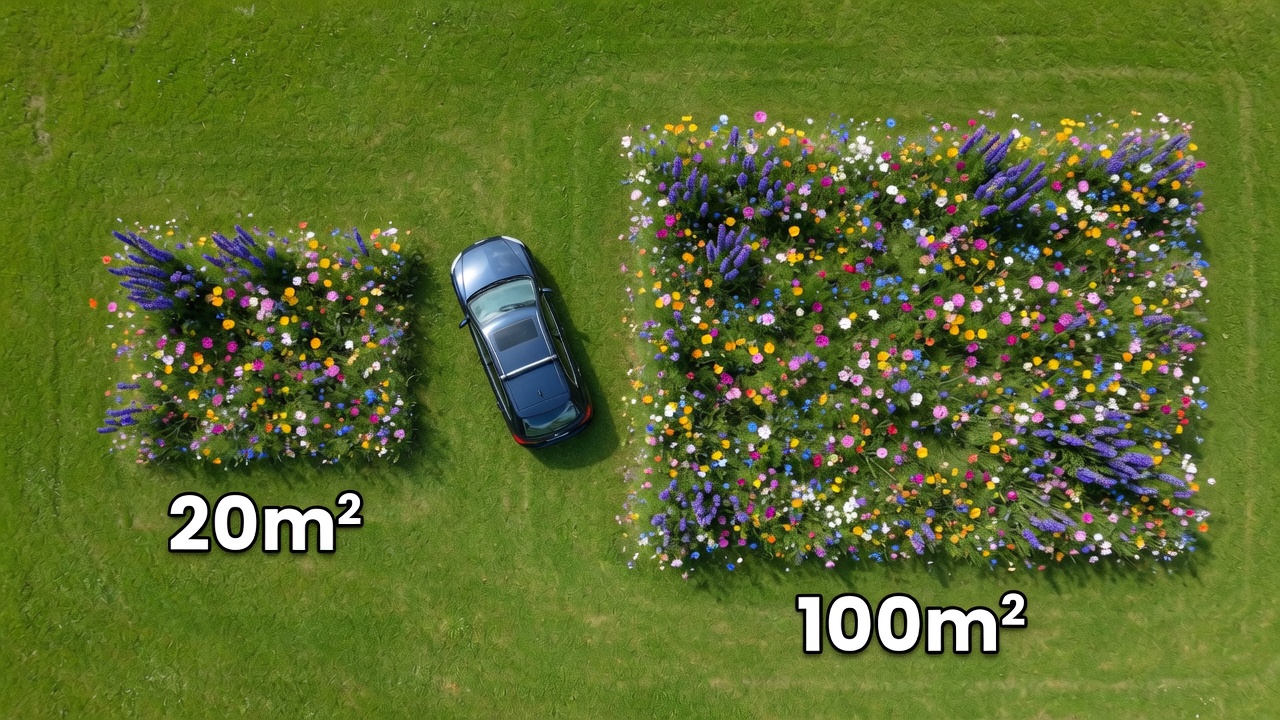 Aerial view of four progressively larger wildflower meadow plots showing 20m², 100m², 500m² and 1,000m² coverage areas